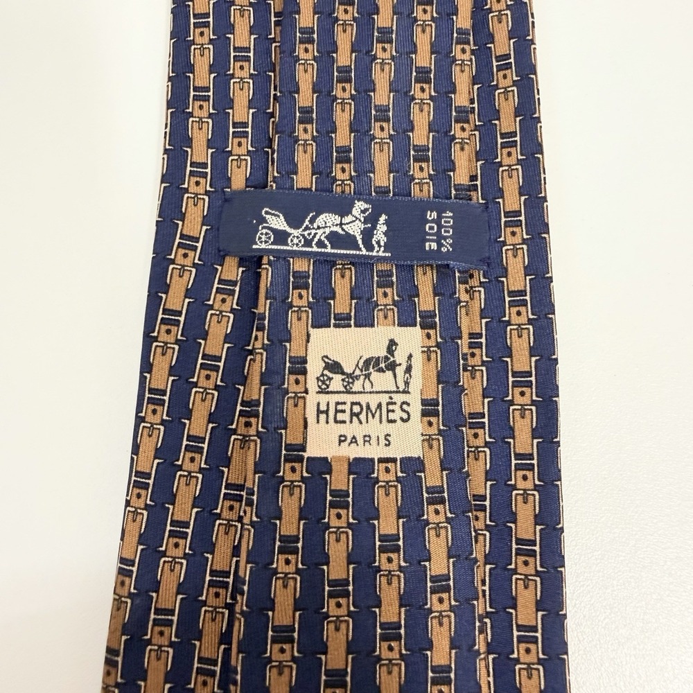 Hermes Tie Equestrian Belt Buckle "H" Logo Navy & Brown Silk 722 FA 3 3/8" x 54"